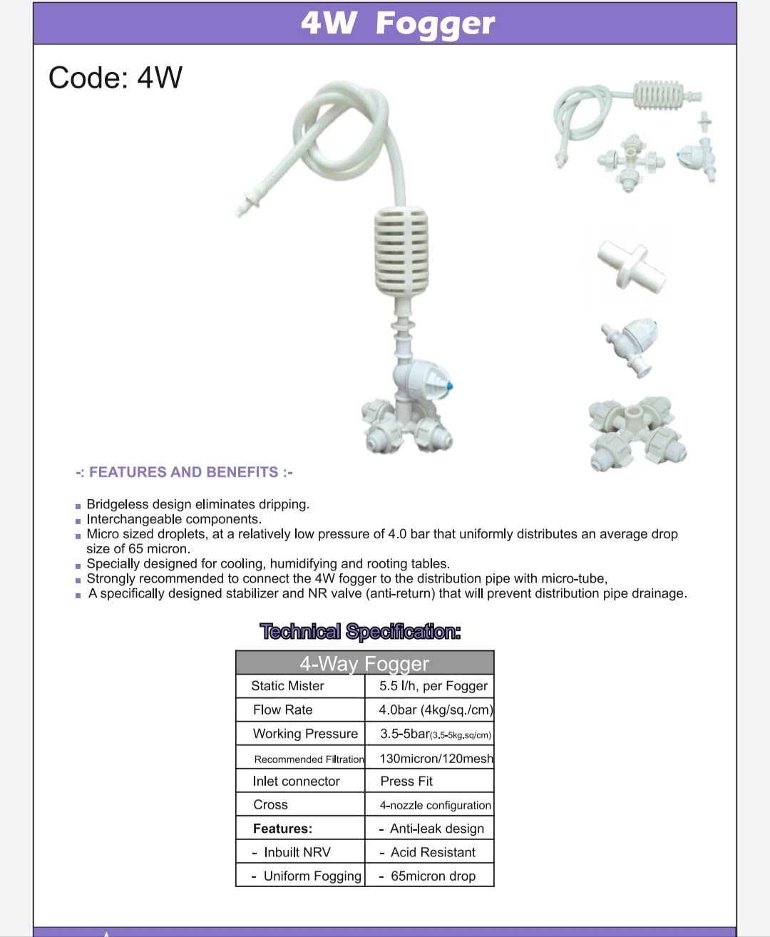 1/2" 4-Way Hanging Fogger Assembly with NRV (Pack of 5)-Free Delivery