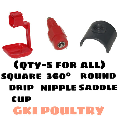 360 Degree Poultry Nipple Drinker with Square Drip Cup and Leakage Control Saddle (Pack of 5) (Red)