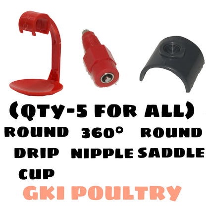 360 Degree Poultry Nipple Drinker with Round Drip Cup and Leakage Control Saddle (Pack of 5) (Red)