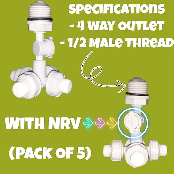 GKI Poultry 1/2" 4-Way Threaded Fogger Assembly Complete with Non Return Valve, White Nozzle Discharge (Pack of 5)