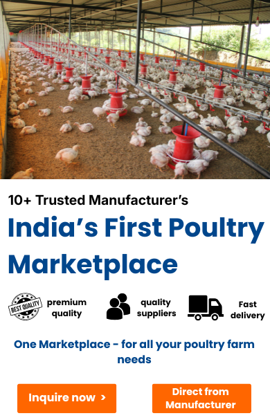 Promotional graphic for '10+ Trusted Manufacturer's India's First Poultry Marketplace' featuring a photo of a poultry farm with chickens and red feeders, alongside marketing text and buttons.